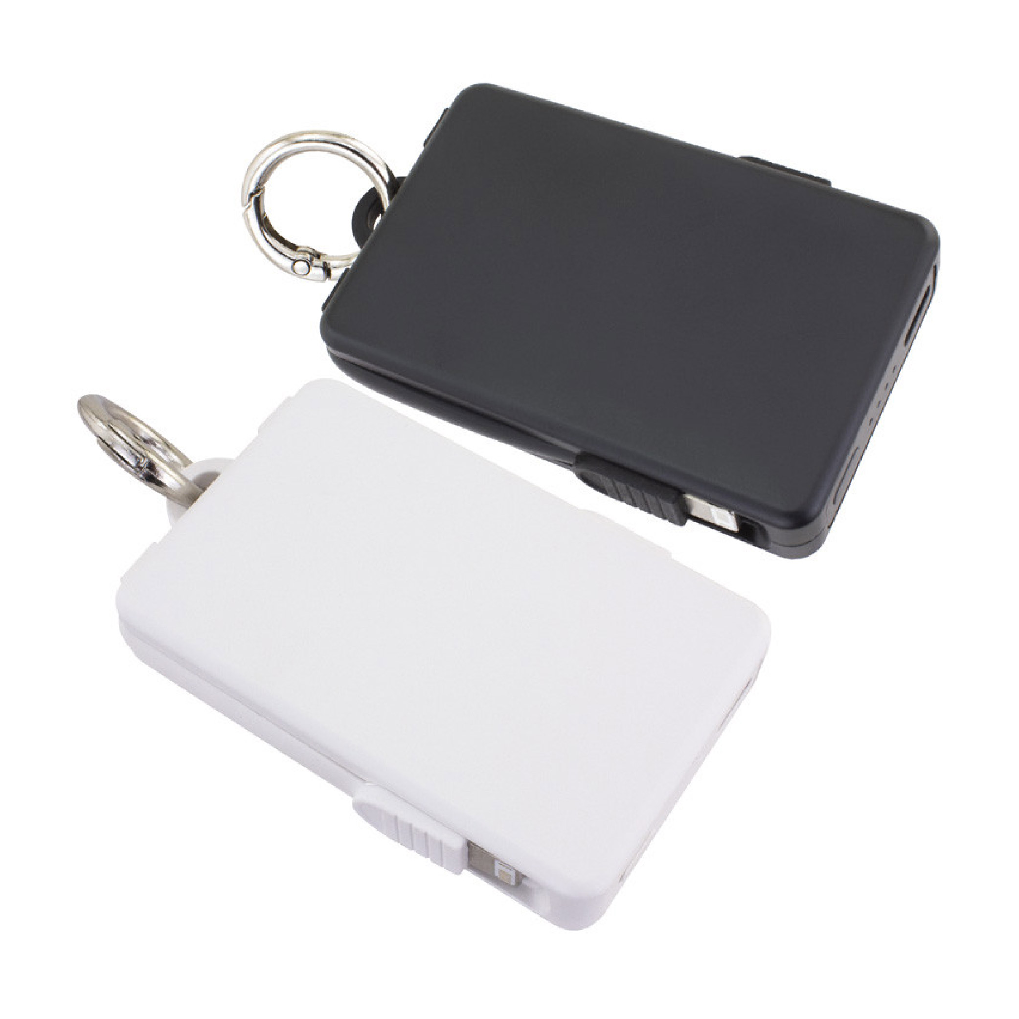 2000 mAh Keychain Power Bank with Built-In Cables - Black And White